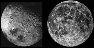 الوجه الأمامي للقمر إلى اليمين والوجه الخلفي الذي لا يرى من الأرض إلى اليسار