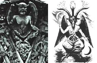 رسم يوضح الشيطان بافومت برأس تيس وجسد بشري وبجانبه تمثيل للشيطان بشكل خفاش على كنيسة ماري في فرنسا